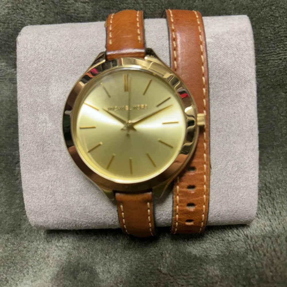Michael Kors gold and leather watch, large face. Double wrap strap.